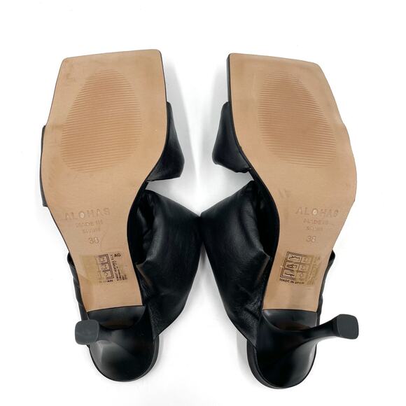 Alohas Puffy Twist Strap Sandals Black Leather Square Toe Heels Sz 38 / 7 - Picture 6 of 8